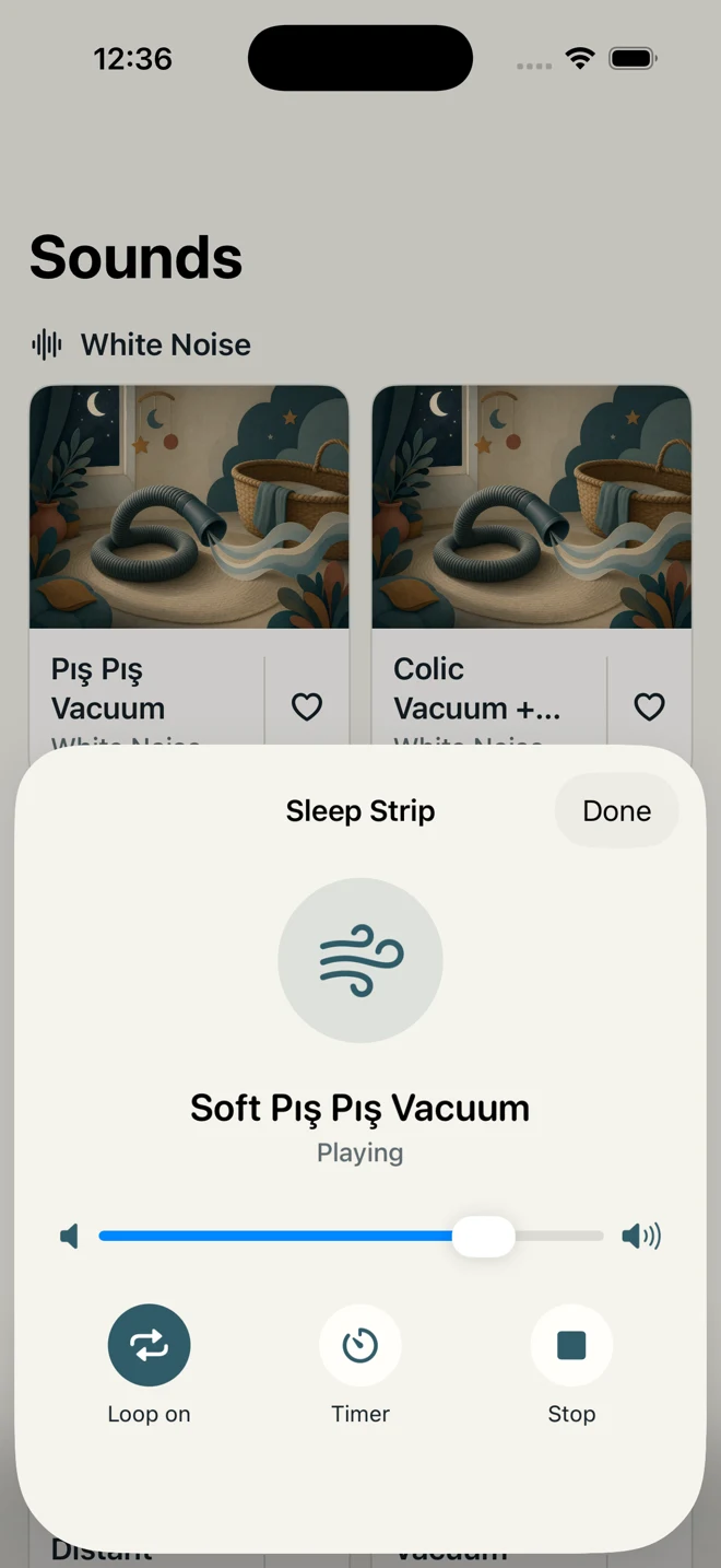 Ninni's sleep playback controls with timer and volume settings