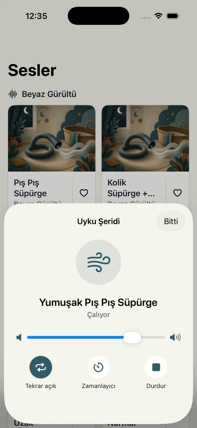 Zamanlayıcı ve ses düzeyi ayarlarını içeren Ninni uyku oynatma kontrolleri