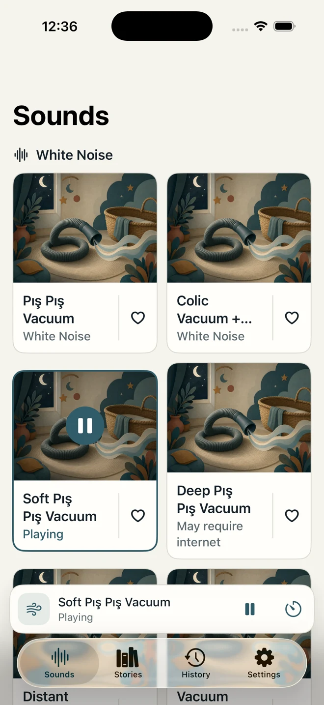 Ninni's soothing sounds library with two-column sound cards and playback controls