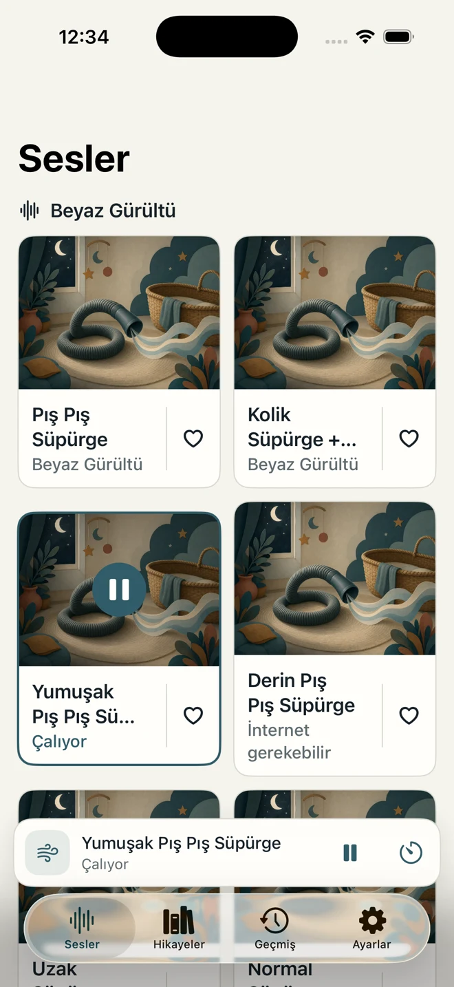İki sütunlu ses kartları ve oynatma kontrolleri bulunan Ninni rahatlatıcı sesler kütüphanesi